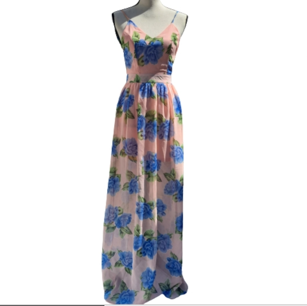 Shop17 pink and blue flower print V-neck open back Maxi Dress Size Small
